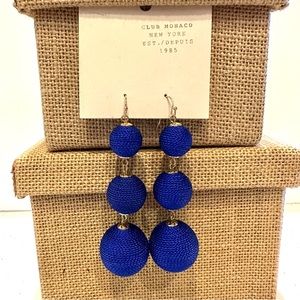 NWT Club Monaco Earrings- triple royal blue fabric baubles, gold tone